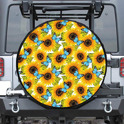 Blue Butterfly Sunflower Pattern Print Tire Cover
