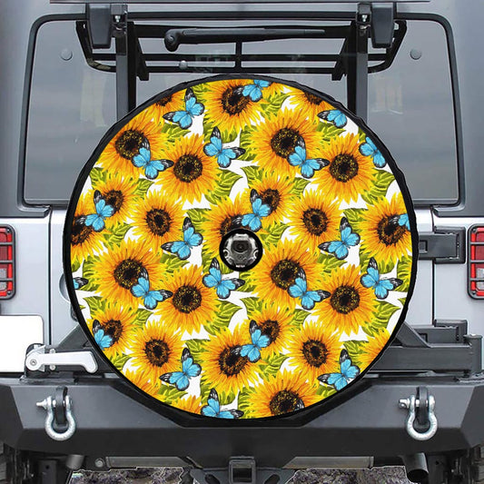 Blue Butterfly Sunflower Pattern Print Tire Cover With Camera Hole