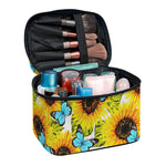 Blue Butterfly Sunflower Pattern Print Travel Makeup Bag