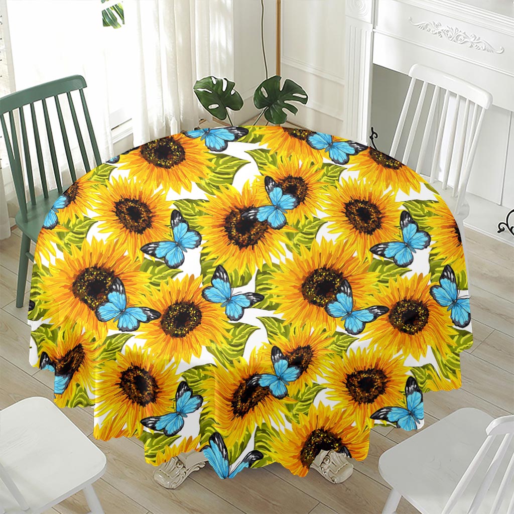 Blue Butterfly Sunflower Pattern Print Waterproof Round Tablecloth