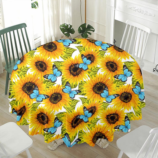 Blue Butterfly Sunflower Pattern Print Waterproof Round Tablecloth