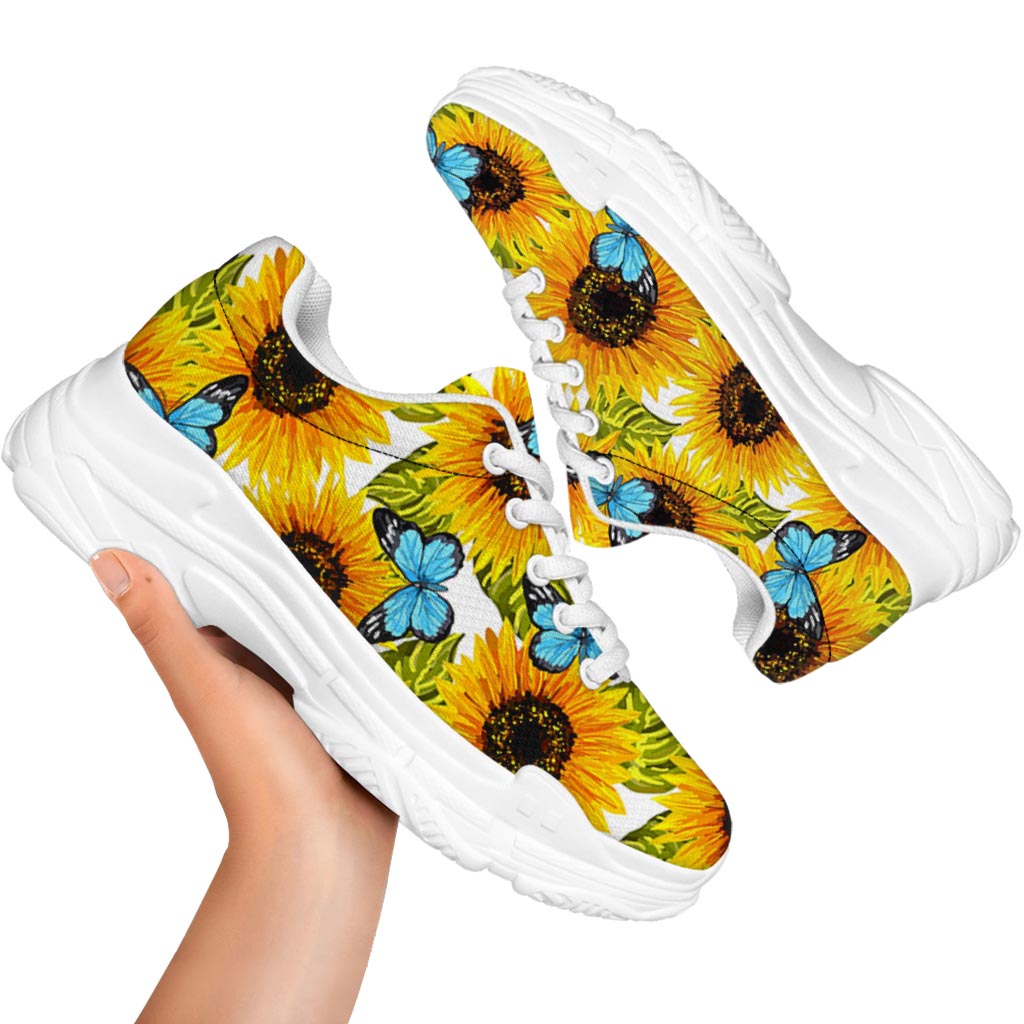 Blue Butterfly Sunflower Pattern Print White Chunky Shoes