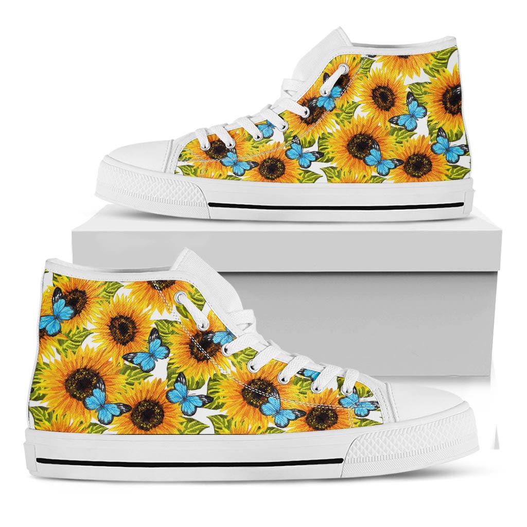 Blue Butterfly Sunflower Pattern Print White High Top Sneakers