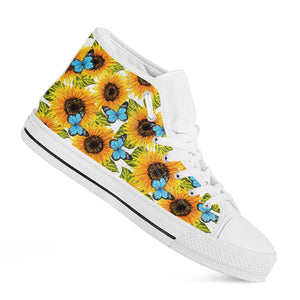 Blue Butterfly Sunflower Pattern Print White High Top Sneakers