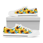 Blue Butterfly Sunflower Pattern Print White Low Top Sneakers