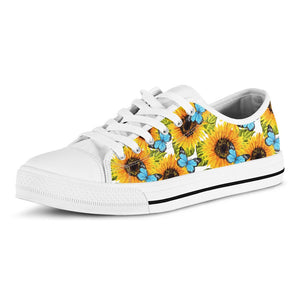 Blue Butterfly Sunflower Pattern Print White Low Top Sneakers