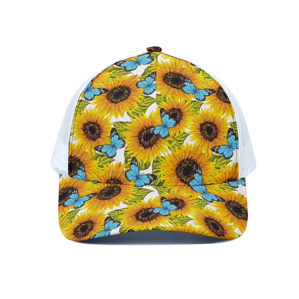 Blue Butterfly Sunflower Pattern Print White Mesh Trucker Cap