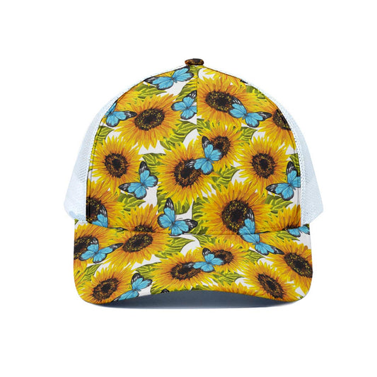 Blue Butterfly Sunflower Pattern Print White Mesh Trucker Cap