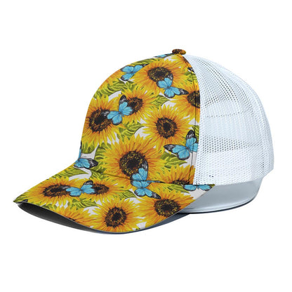 Blue Butterfly Sunflower Pattern Print White Mesh Trucker Cap