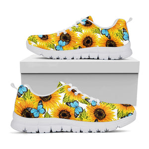 Blue Butterfly Sunflower Pattern Print White Running Shoes