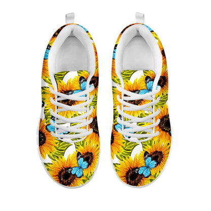 Blue Butterfly Sunflower Pattern Print White Running Shoes
