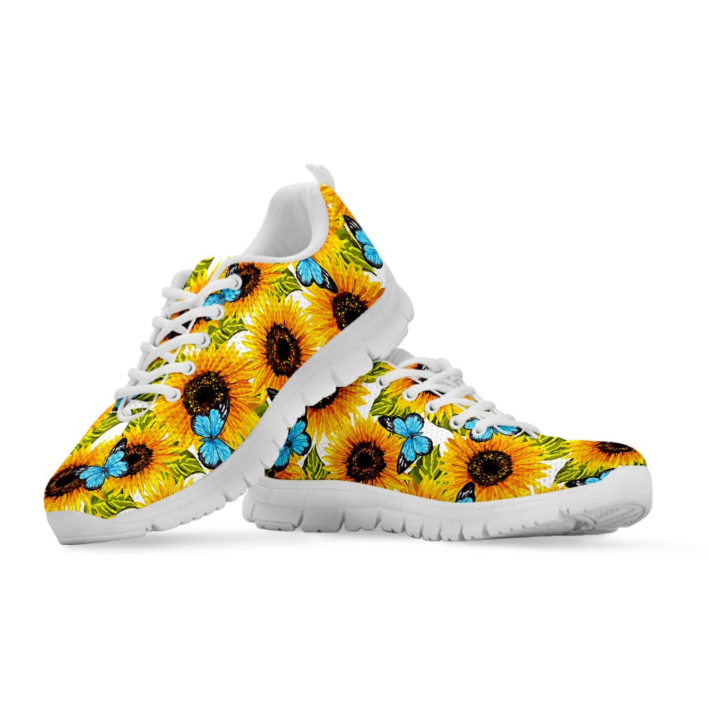 Blue Butterfly Sunflower Pattern Print White Running Shoes