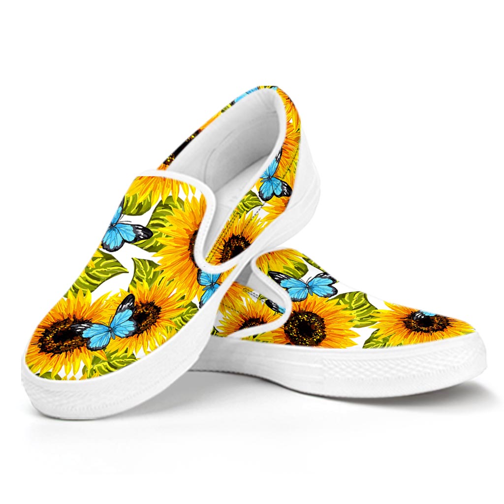 Blue Butterfly Sunflower Pattern Print White Slip On Sneakers