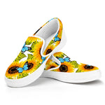 Blue Butterfly Sunflower Pattern Print White Slip On Sneakers