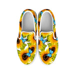 Blue Butterfly Sunflower Pattern Print White Slip On Sneakers