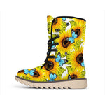 Blue Butterfly Sunflower Pattern Print Winter Boots