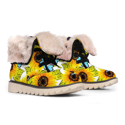 Blue Butterfly Sunflower Pattern Print Winter Boots
