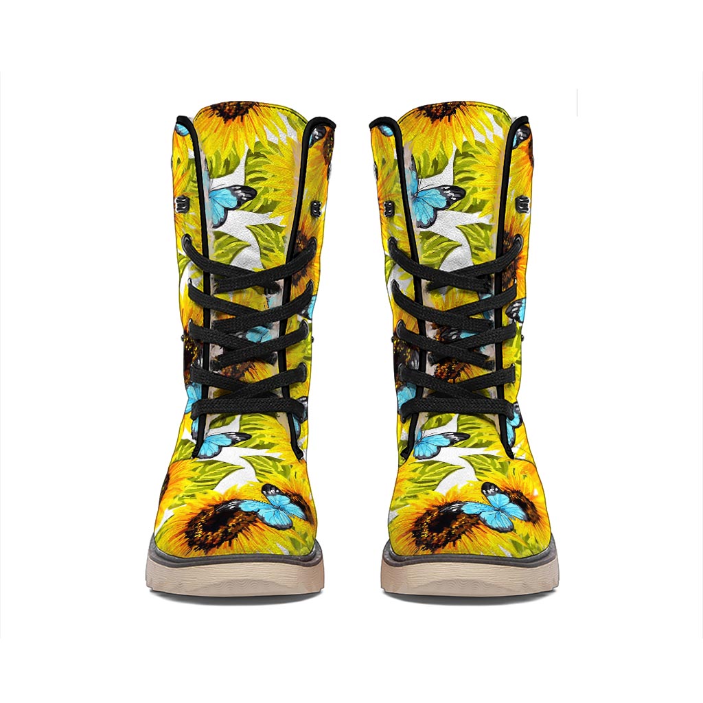 Blue Butterfly Sunflower Pattern Print Winter Boots