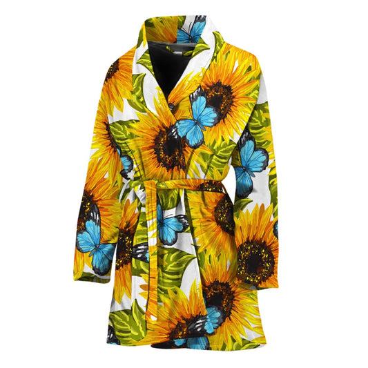 Blue Butterfly Sunflower Pattern Print Women's Bathrobe