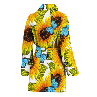 Blue Butterfly Sunflower Pattern Print Women's Bathrobe