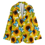 Blue Butterfly Sunflower Pattern Print Women's Blazer