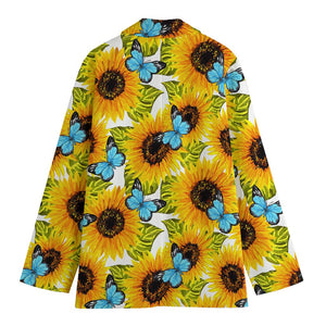 Blue Butterfly Sunflower Pattern Print Women's Blazer