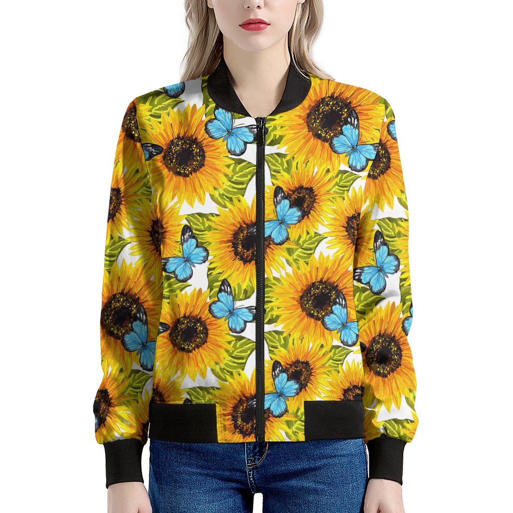 Blue Butterfly Sunflower Pattern Print Women's Bomber Jacket