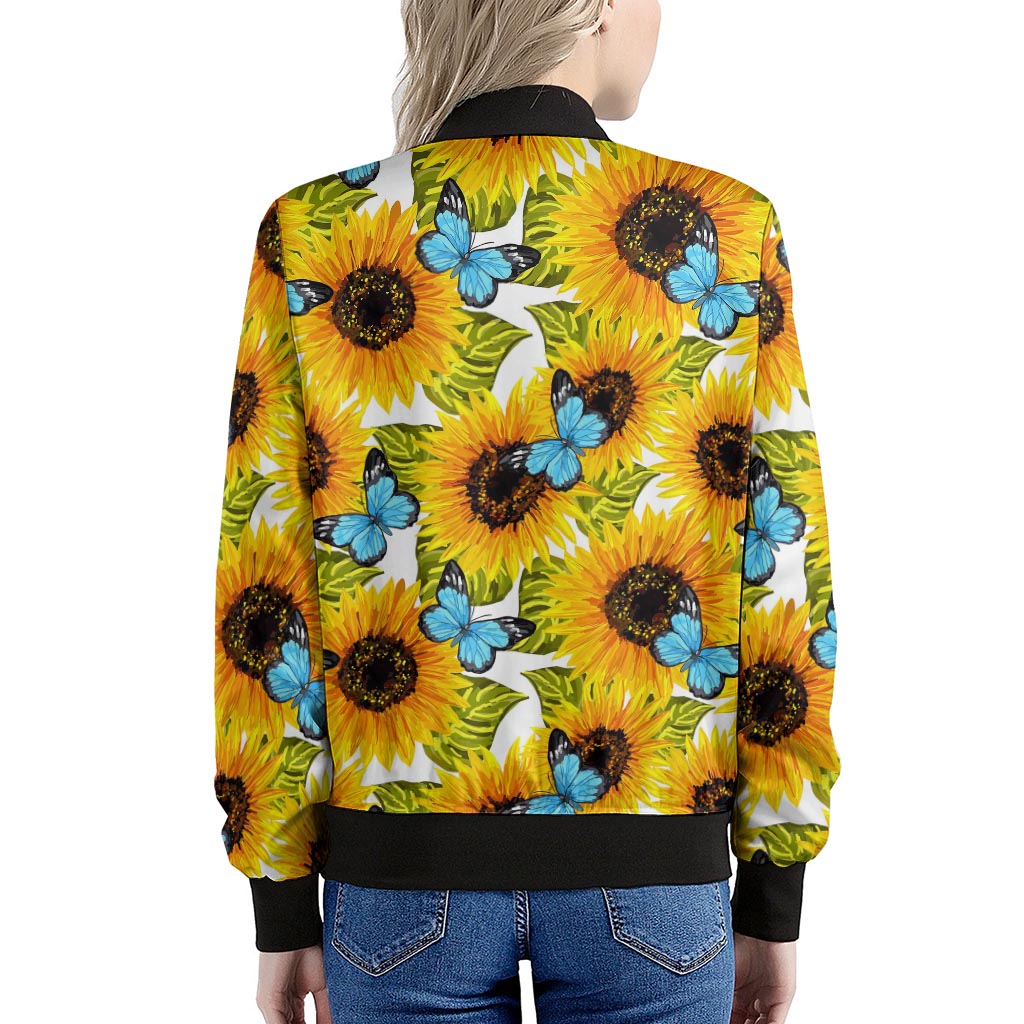 Blue Butterfly Sunflower Pattern Print Women's Bomber Jacket