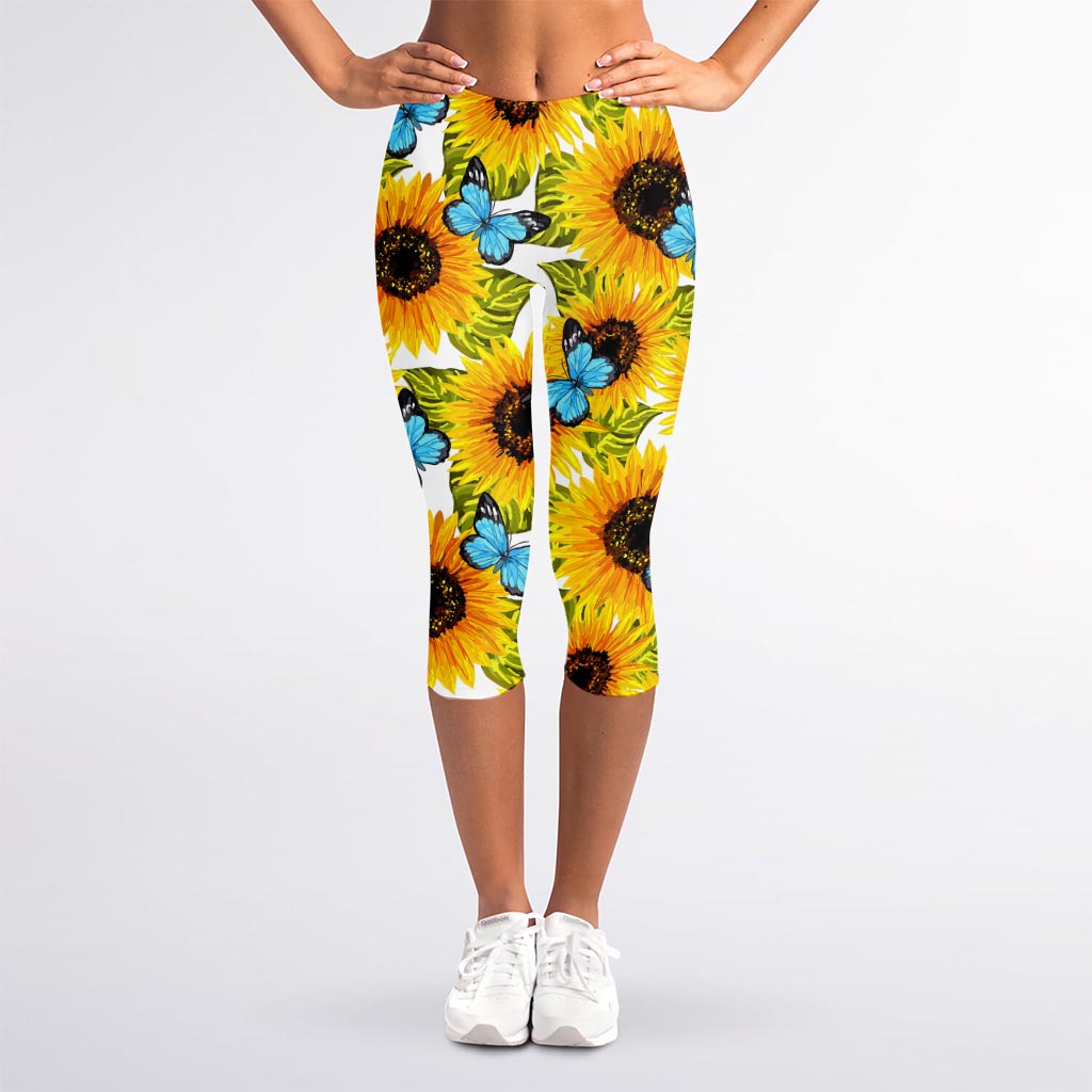 Blue Butterfly Sunflower Pattern Print Women's Capri Leggings