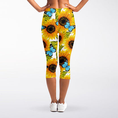 Blue Butterfly Sunflower Pattern Print Women's Capri Leggings
