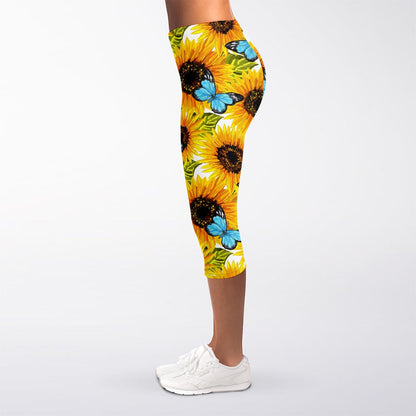 Blue Butterfly Sunflower Pattern Print Women's Capri Leggings