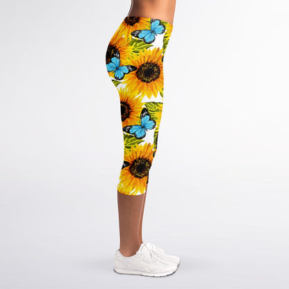 Blue Butterfly Sunflower Pattern Print Women's Capri Leggings