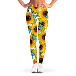 Blue Butterfly Sunflower Pattern Print Women's Leggings