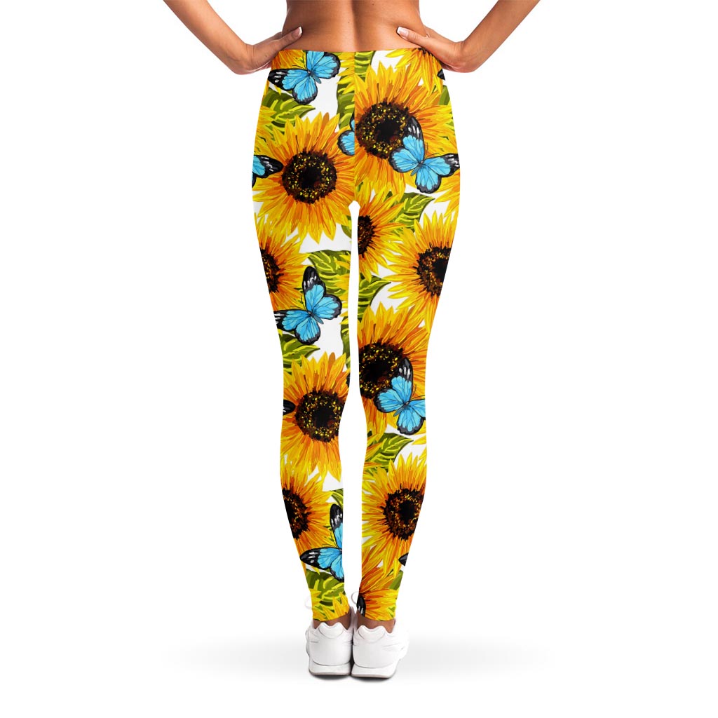 Blue Butterfly Sunflower Pattern Print Women's Leggings