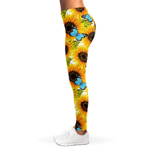 Blue Butterfly Sunflower Pattern Print Women's Leggings