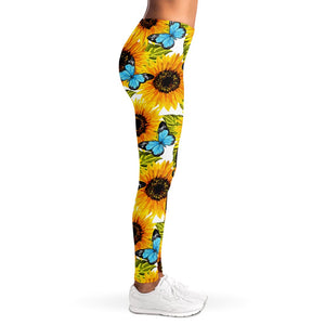 Blue Butterfly Sunflower Pattern Print Women's Leggings