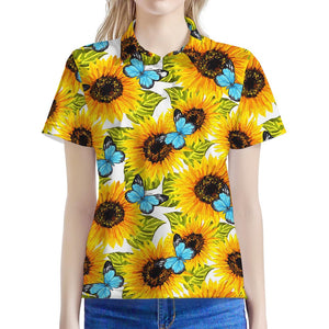 Blue Butterfly Sunflower Pattern Print Women's Polo Shirt