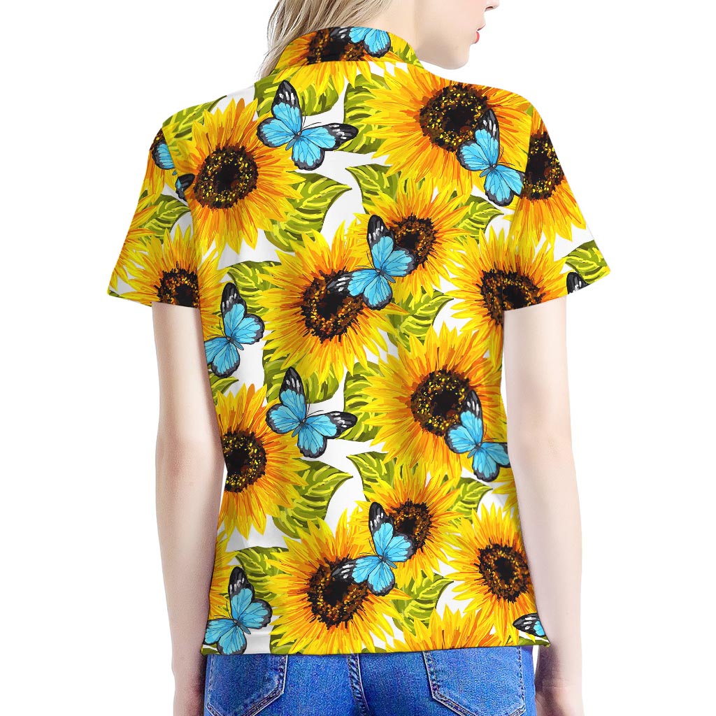 Blue Butterfly Sunflower Pattern Print Women's Polo Shirt