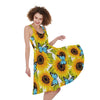Blue Butterfly Sunflower Pattern Print Women's Sleeveless Dress