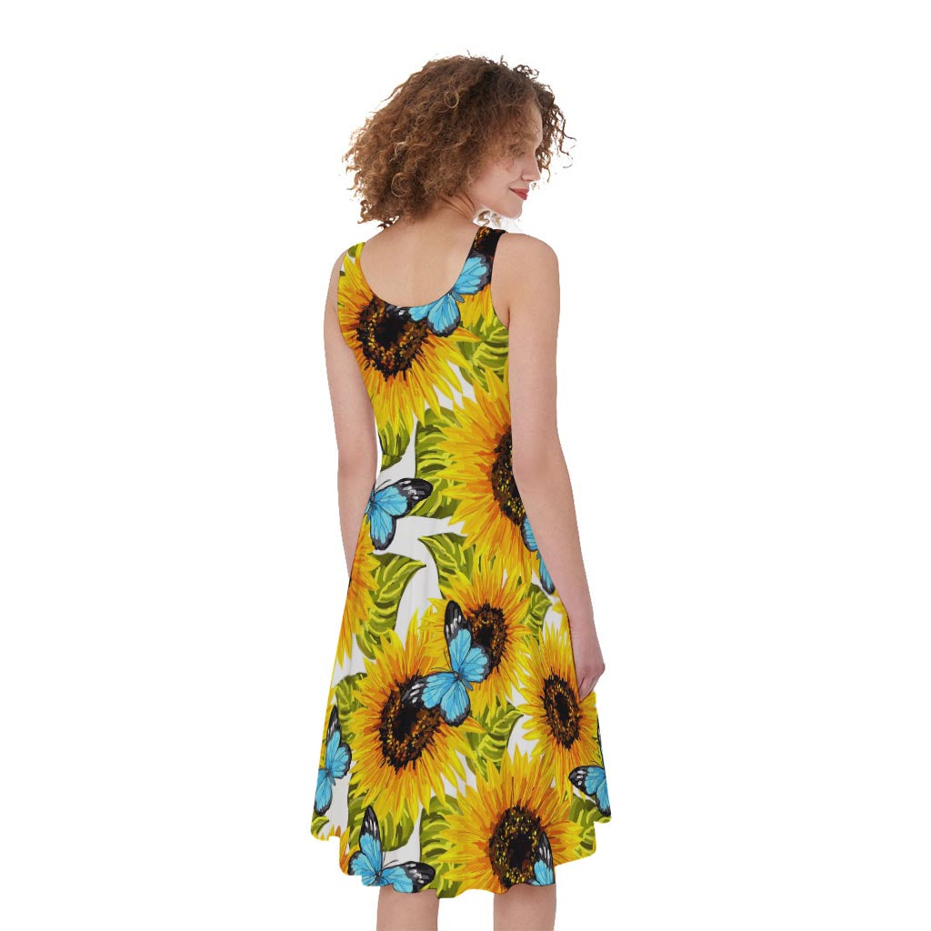 Blue Butterfly Sunflower Pattern Print Women's Sleeveless Dress
