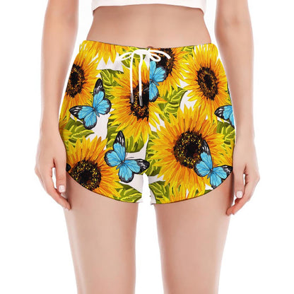 Blue Butterfly Sunflower Pattern Print Women's Split Running Shorts