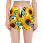 Blue Butterfly Sunflower Pattern Print Women's Split Running Shorts