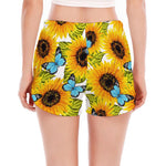 Blue Butterfly Sunflower Pattern Print Women's Split Running Shorts