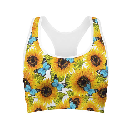 Blue Butterfly Sunflower Pattern Print Women's Sports Bra