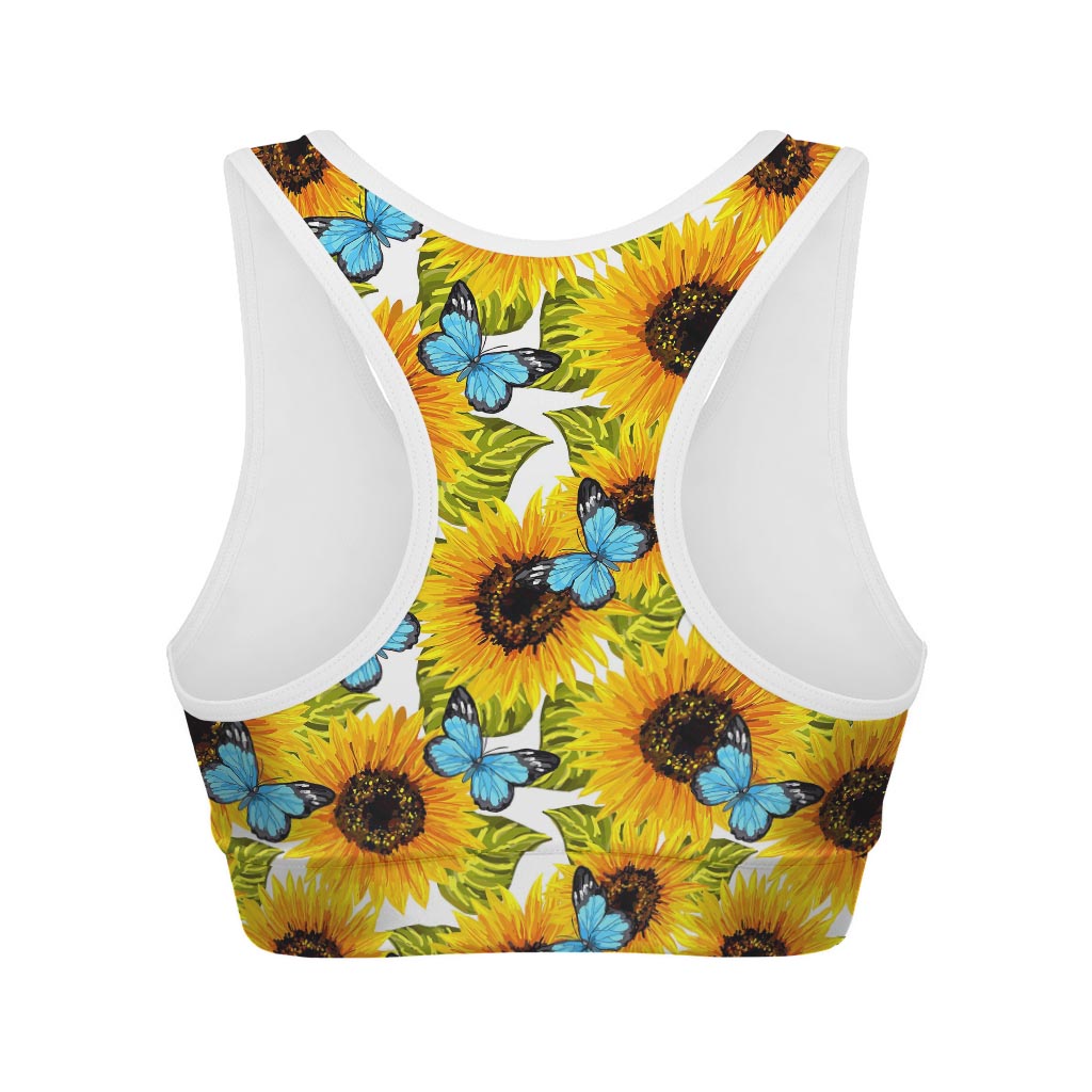Blue Butterfly Sunflower Pattern Print Women's Sports Bra
