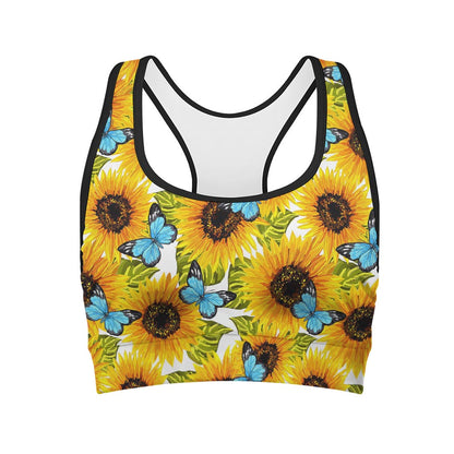 Blue Butterfly Sunflower Pattern Print Women's Sports Bra