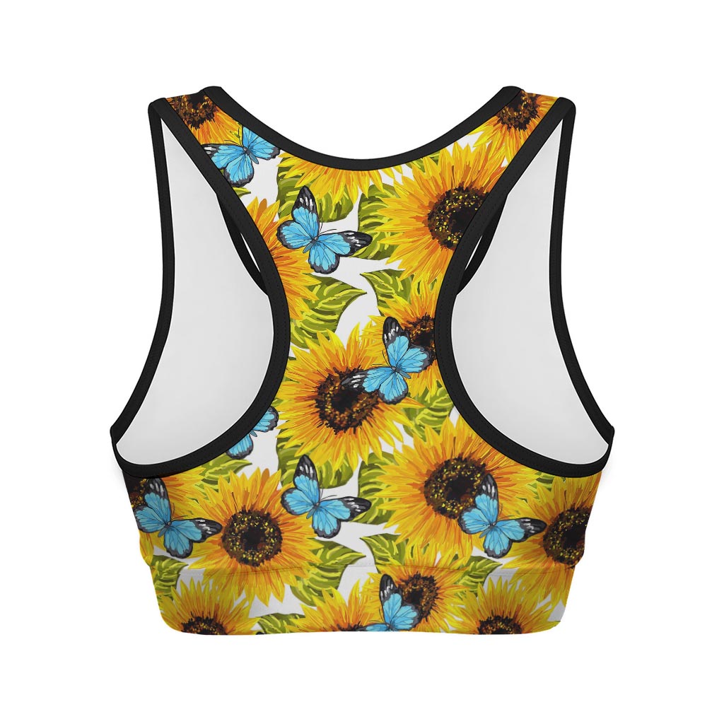 Blue Butterfly Sunflower Pattern Print Women's Sports Bra