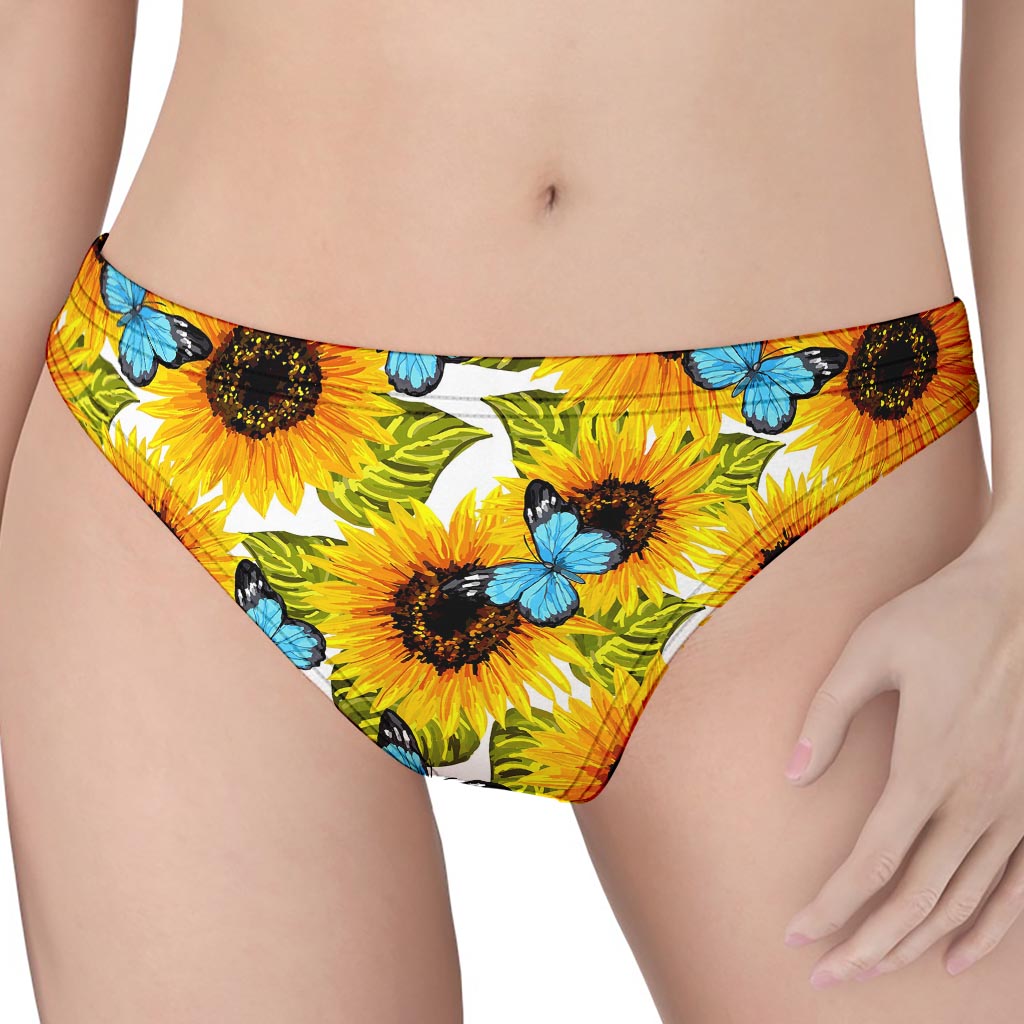 Blue Butterfly Sunflower Pattern Print Women's Thong