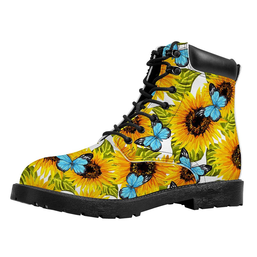 Blue Butterfly Sunflower Pattern Print Work Boots