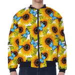Blue Butterfly Sunflower Pattern Print Zip Sleeve Bomber Jacket